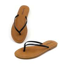Women's Classic Flip Flops, Straps With Tan Footbed, Casual Beach Sandals: Stylish Design, Non-Slip Rubber Sole, Latex Insole For Comfort, Perfect For Shopping, Parties, And Casual Outings  Beach    Casual    Polyester    Plain / Plain Toe    Beach  Vacation - 黑色 - 查看 4