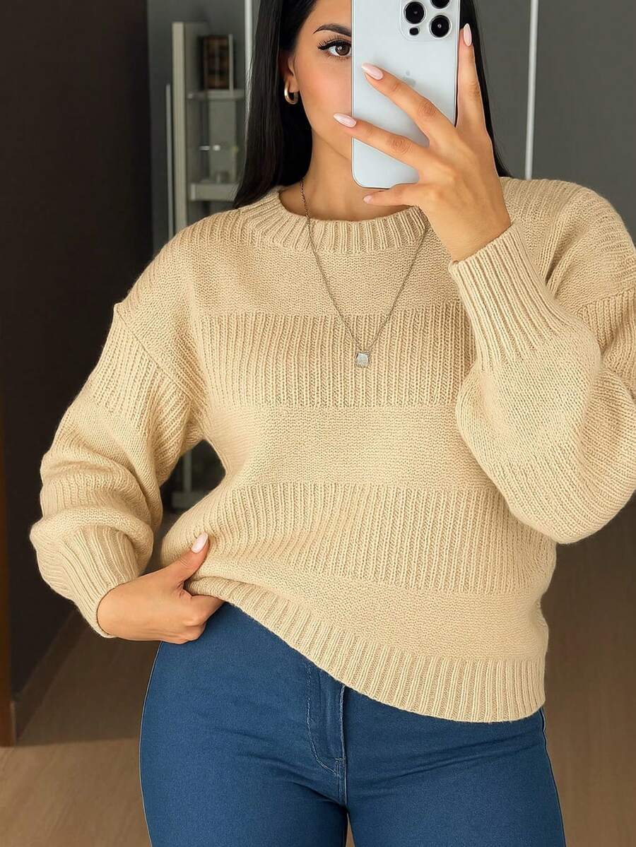 Women's Knitted Blouse With Striped Details - Cream - View 1