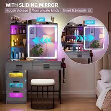 HNEBC Vanity Desk, Makeup Vanity With Lights And Sliding Vanity Mirror, Makeup Desk With Charging Station, Vanities Dressing Table With Stool,Vanity Set With Large Drawers&Shelves For Bedroom - 灰色 - 查看 8
