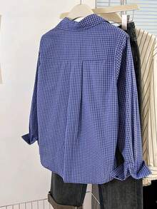 Koszula damska w kratę na jesień/zimę, nowa, modna, w stylu uniwersyteckim, haftowany wzór, kieszenie zapinane na guziki z przodu, luźna, wygodna, idealna do pracy, Klein Blue, odpowiednia do noszenia na co dzień i do pracy