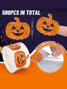 500 张/卷全息南瓜贴纸，可重复使用的橙色闪光贴纸，适用于万圣节派对装饰，适用于工艺品、剪贴簿、信封和礼品，耐用粘合剂 - 适用于笔记本电脑、信封、杯子、剪贴簿、派对 - 非常适合用作礼物和装饰品！