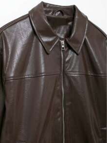 DEEKA Women's Fashion Minimalist Turndown Collar Long Sleeve Faux Leather Bomber Jacket, Autumn/Winter