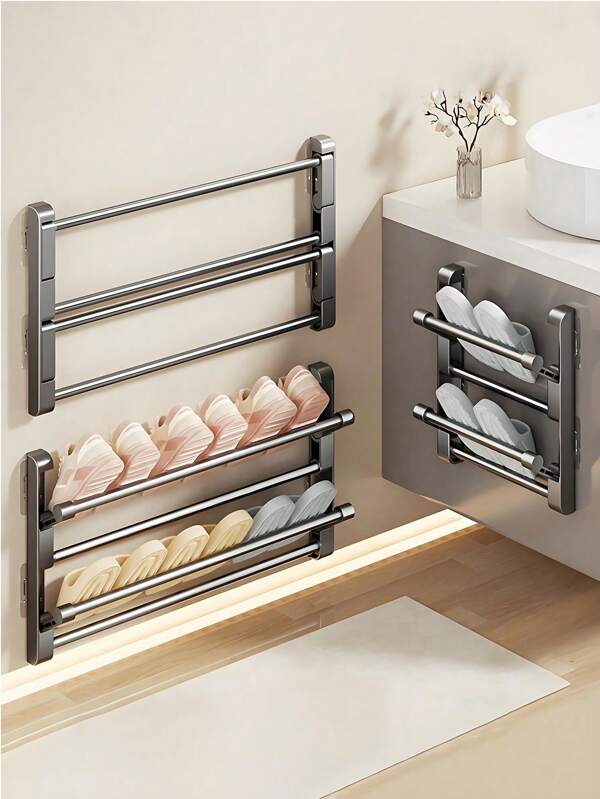 1 Stück Wand-montierter Pantoffel Regal - Aluminium, bohrfrei, 2-stöckiger Schuh Organizer für Bad & Toilette mit Ablauf, platzsparendes faltbares Design