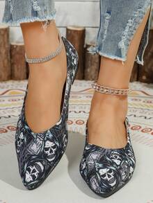 Damen Graue Totenkopf Muster Niedrig Absatz Lässig Schuhe, modisch, elegant, weich und bequem gestaltet, geeignet für Frühling/Sommer Outdoor, Reisen und Urlaub