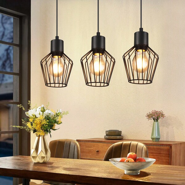 GBLY Suspension 3 lumières en métal, suspension noire E27 pour salle à manger, lampe de cuisine, lampe LED industrielle pour couloir, chambre, salon, café