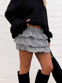 Women's Gingham Mini Skirt Plaid High Waist Layered Ruffle A-Line Cake Smocked Skirts - 黑色 - 查看 5