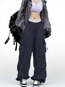 Women Parachute Drawstring Pockets Cargo Pantalones Casual Loose Fit Baggy Pants  Y2k Clothing - 藏青色 - 查看 4