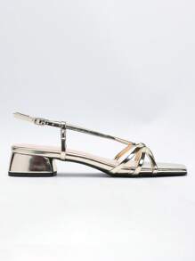 女士夏季新款简约风格露趾交叉金属装饰性感时尚派对高跟凉鞋 - 金色 - 查看 4