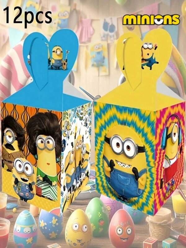 Minions 12 قطعة صناديق هدايا بتصميم الميньون، مناسبة لعبوات الحلوى والوجبات الخفيفة في عيد الميلاد والشكر والعيد والتخرج