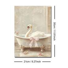 1pc Unframed Cute Pink Bow Swan In Tub Funny Wall Art Poster Canvas Print Maximalist Bathroom Dopamine Decor Painting For Toilet,Living Room,Bedroom,Modern Home Decoration