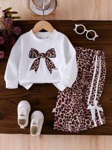 Baby Girl 2pcs Set Leopard Bow Print Long Sleeve Sweatshirt Top And Leopard Stripe 3D Bow Decor Straight Leg Pants Outfit - White - View 1