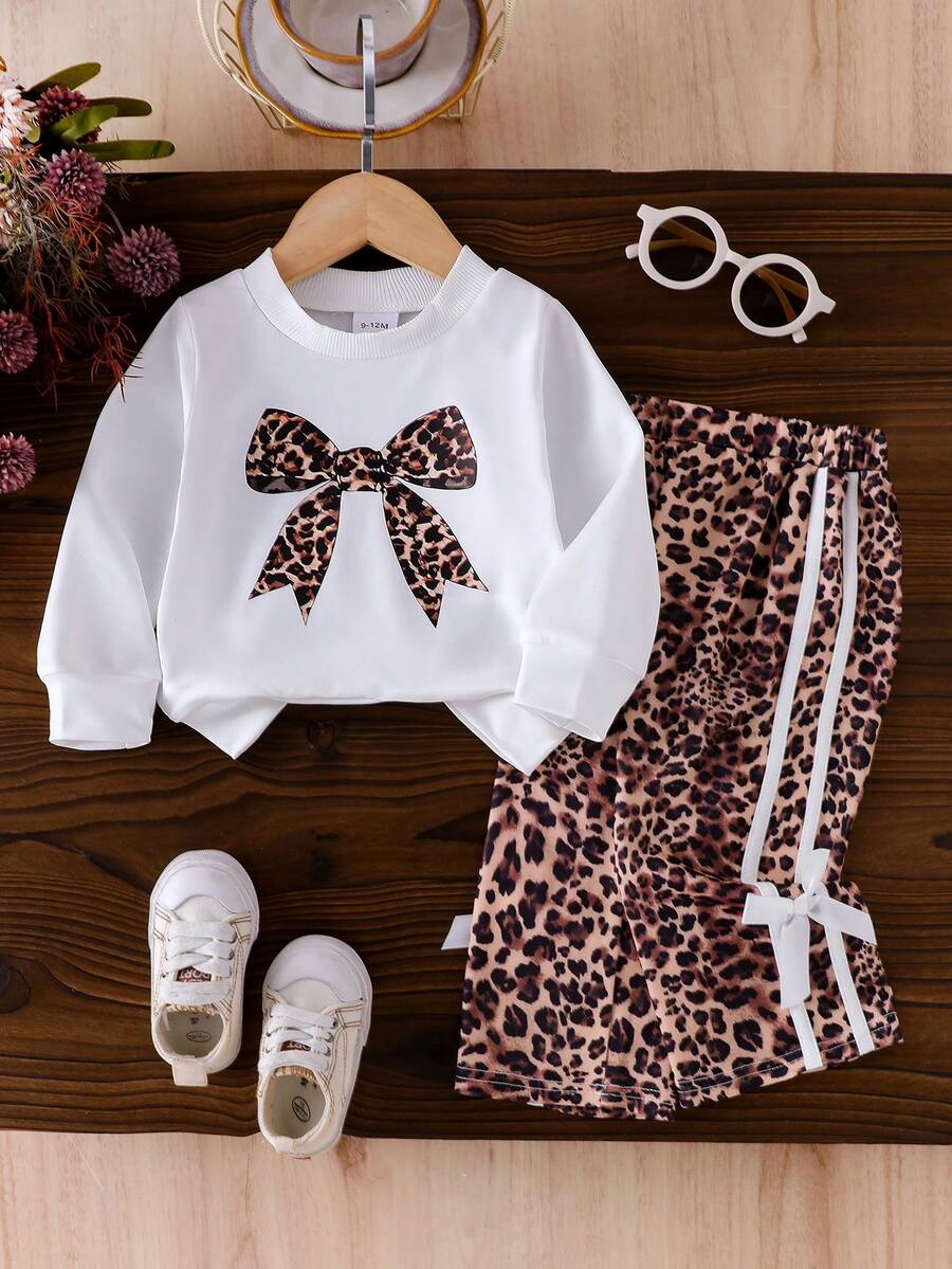Baby Girl 2pcs Set Leopard Bow Print Long Sleeve Sweatshirt Top And Leopard Stripe 3D Bow Decor Straight Leg Pants Outfit - White - View 1