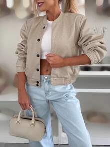 Áo khoác cardigan nữ thời trang thu đông phổ biến, vải nhung kẻ màu trơn, cài nút thường ngày - Màu be - Xem 1