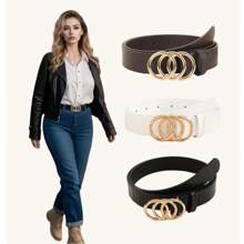 3件套加大码女士经典PU皮腰带，配3个合金环扣，时尚百搭，适合所有季节，夏季、秋季、万圣节等场合。