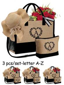 3 件套女士沙滩托特包套装（带肩带），包含女士沙滩帽和化妆包、玫瑰心形花环字母 A-Z、带侧袋的个性化礼品袋、带围巾的沙滩包、女士卡其色波浪沙滩遮阳帽，适合春夏海滩度假和户外婚礼、生日、节日 - 卡其色 - 查看 1