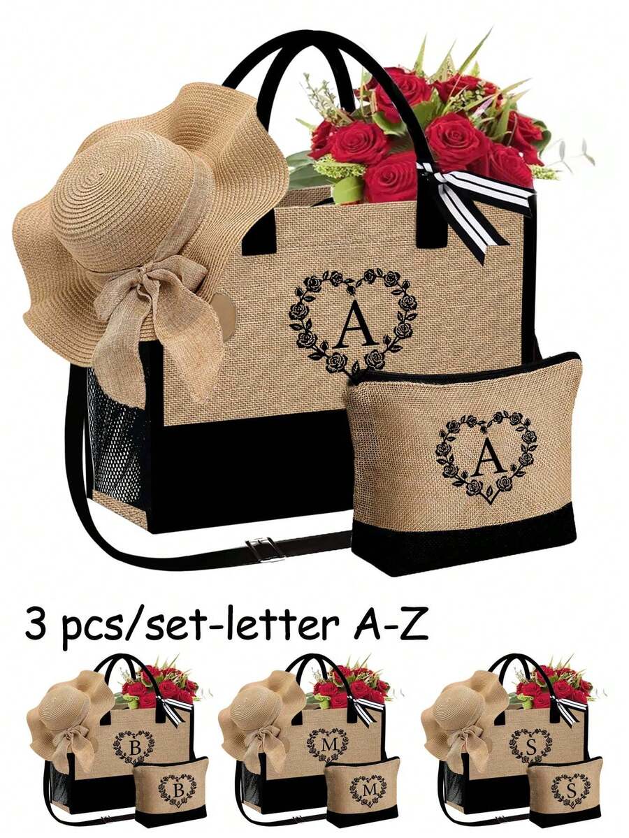 3 件套女士沙滩托特包套装（带肩带），包含女士沙滩帽和化妆包、玫瑰心形花环字母 A-Z、带侧袋的个性化礼品袋、带围巾的沙滩包、女士卡其色波浪沙滩遮阳帽，适合春夏海滩度假和户外婚礼、生日、节日 - 卡其色 - 查看 1