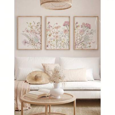 3 幅野花帆布印刷粉色花卉帆布画北欧植物艺术海报简约植物墙画女孩卧室墙饰客厅办公室公寓墙饰无框