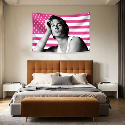 1pc,Pink-White Striped Background With Star Motifs Features Ian Somerhalder (Damon Salvatore In )Poster Banner. Polyester-[3x5Fts/2x3Fts] Poster For College Dorm Cave Bedroom Living Room Office Party Home Decoration Aesthetic Room Decor, Perfect Gift For Women, Bestfriend, Fan Gift, Birthday Gift