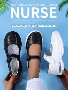 New White Women's Nursing Shoes With Hook And Loop, Air Cushion Anti-Slip Anti-Static Elastic Casual Shoes, Slip-On Slouchy Shoes, Shock-Absorbing Wear-Resistant Soft Sole Shoes, Insulated Ultra-Light Work Shoes, Women Flats, Multi-Function Medical Shoes, Suitable For Indoor And Outdoor - White - View 1