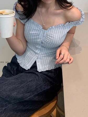 韩版女士温柔优雅条纹荷叶边修身休闲衬衫