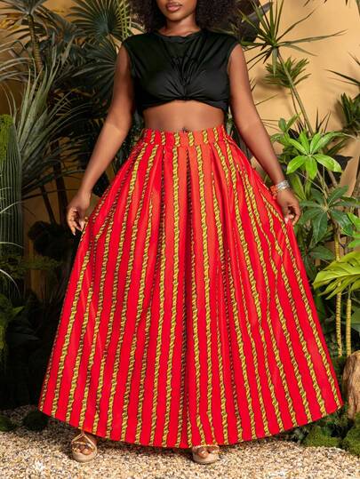 Faeriesty Plus Size Midi Skirt With Printed Pattern, Decorated With Striking Stripes, Made Of Breathable Spring/Summer Fabric, Suitable For Garden Parties, Brunch, Casual Outings And Formal Occasions.