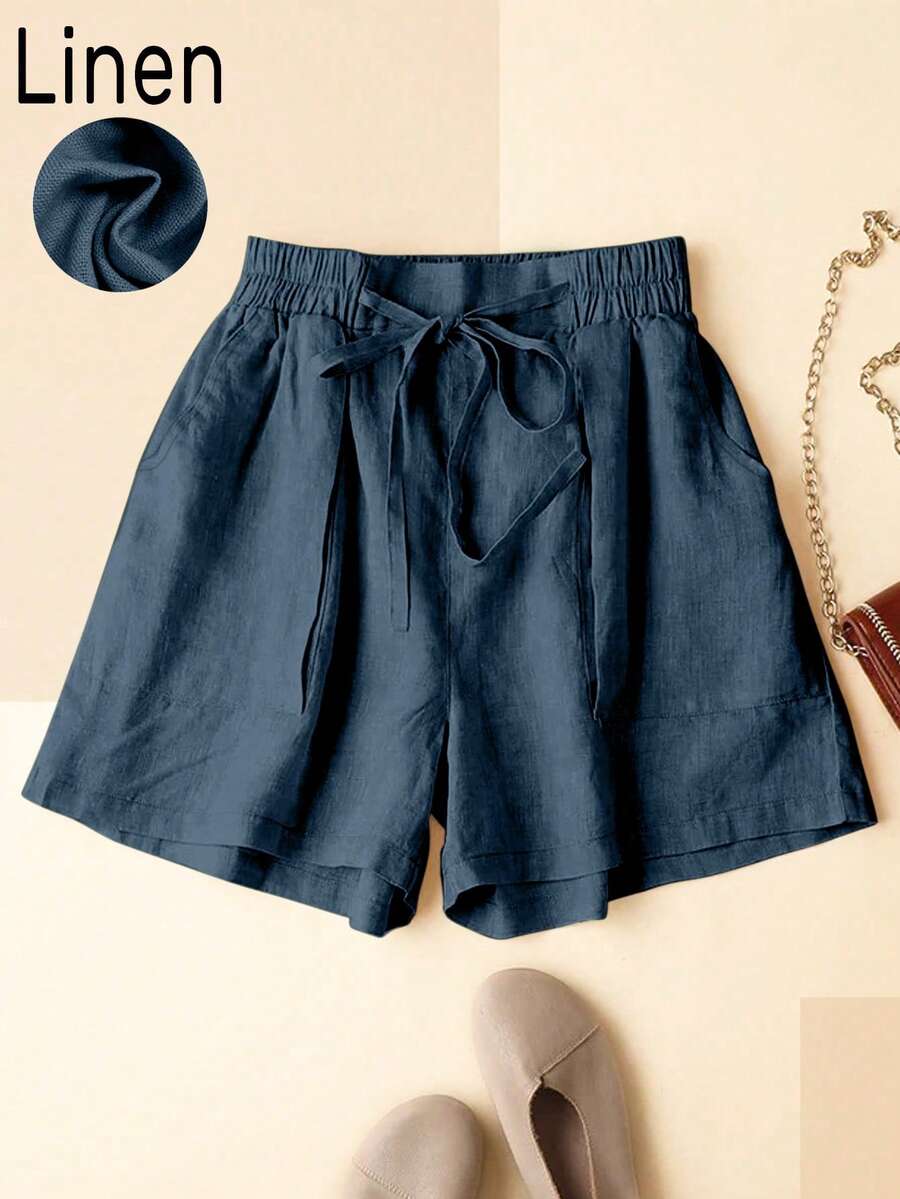 Quần short vải lanh co giãn eo cho nữ, giản dị & phù hợp cho kỳ nghỉ hè - Màu xanh hải quân - Xem 1