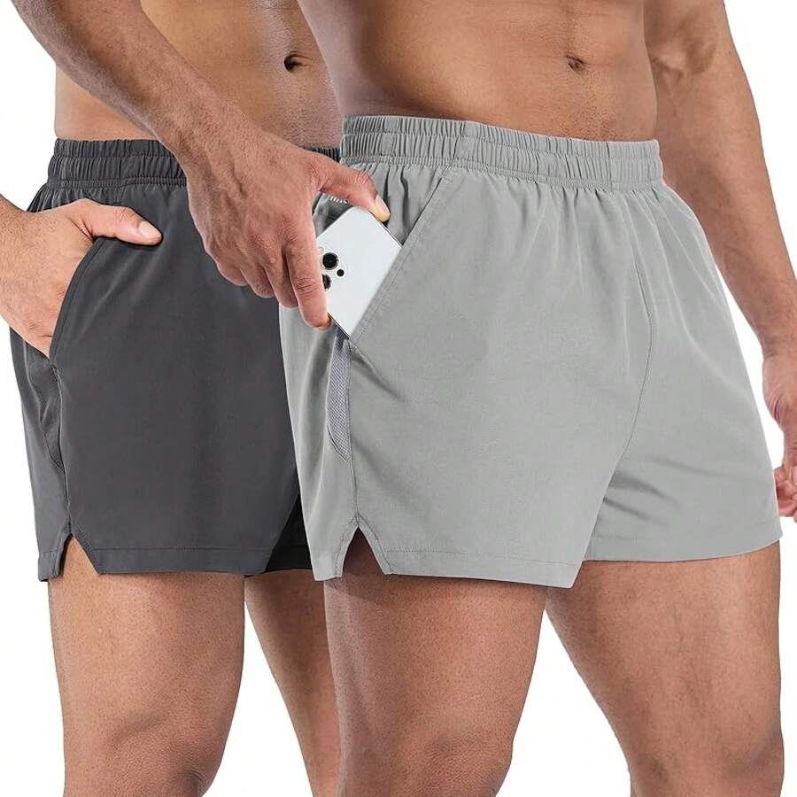 2 Pack Gym Shorts For Men Quick Dry Athletic Shorts With Brief Liner/Pockets For Running Workout Active, 3 Inch Inseam - Dark Grey/Light Grey - View 1