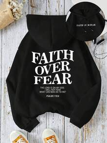Women's Hooded Sweatshirt With Slogan Front And Back Print, Long Sleeves, Drawstring Front Pockets - Black - View 1