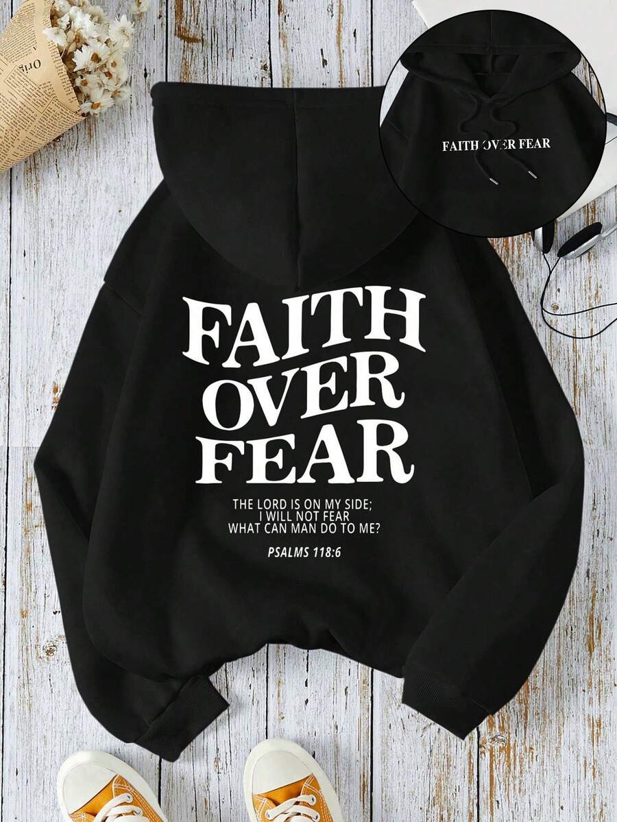 Women's Hooded Sweatshirt With Slogan Front And Back Print, Long Sleeves, Drawstring Front Pockets - Black - View 1