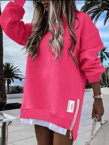 Women's Casual Pullover Sweatshirt, Loose Fit Drop Shoulder Zip Hem - Color Block Pink & White, Long Sleeve Comfortable Everyday Wear, Durable Streetwear Style, Versatile For All Seasons