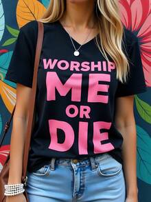 Camiseta Mujer 180g Algodón Negro Cuello Redondo Manga Corta Estampado "Worship Me or Die" Casual Juvenil Estilo Moderno Ideal para Uso Diario y Salidas Ocasionales, Disponible en Varias Tallas para Adaptarse a Cada Estilo y Personalidad. - Negro - Ver 1