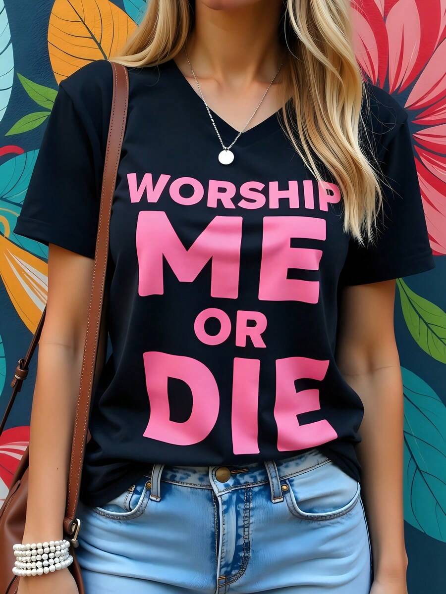 Camiseta Mujer 180g Algodón Negro Cuello Redondo Manga Corta Estampado "Worship Me or Die" Casual Juvenil Estilo Moderno Ideal para Uso Diario y Salidas Ocasionales, Disponible en Varias Tallas para Adaptarse a Cada Estilo y Personalidad. - Negro - Ver 1