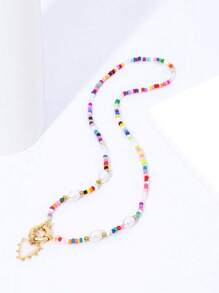 Colar com pingente de coração de pérolas coloridas e pérolas artificiais feito à mão, acessório feminino para festa na praia