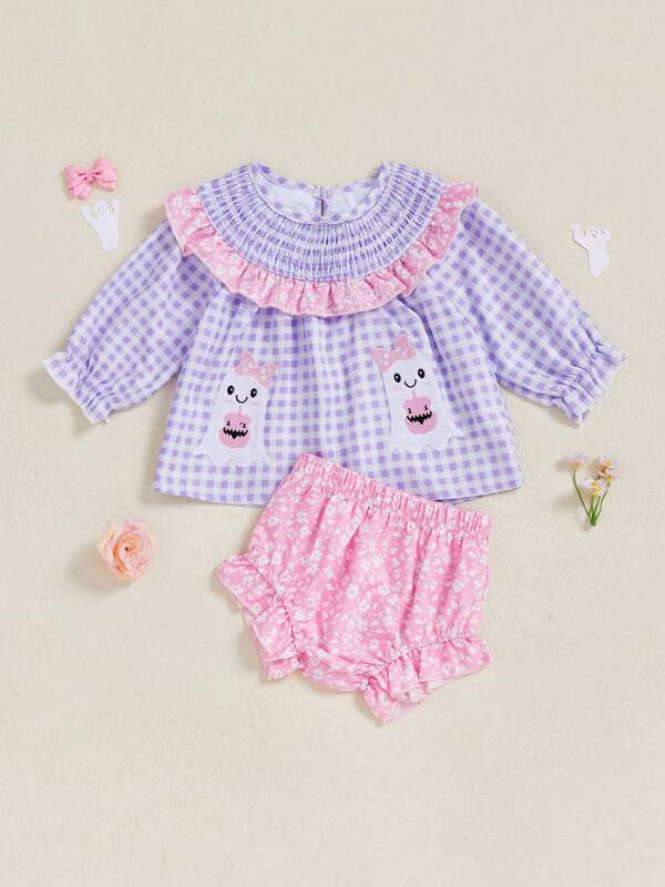 Baby Girls Shorts Set, Long Sleeve Plaid Embroidery Ghost T-Shirt With Floral Shorts Fall Outfit Halloween Clothes