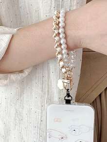 1 件仿珍珠双链串珠手机挂绳腕带带夹，女士礼物 - 彩色 - 查看 9