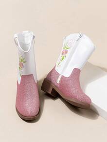 1 双女童拼色花卉刺绣休闲靴，时尚日常穿着，秋冬，生日/圣诞礼物 - 白色 - 查看 1