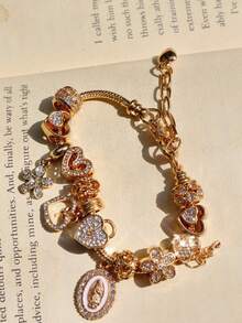 1pc Religious Virgin Mary Charm Bracelet, 1pc Religious Cross Bracelet, 1pc Fashion Sakura DIY Bracelet, 1pc Fashion Heart Lock & Key Bracelet - Gold - View 10