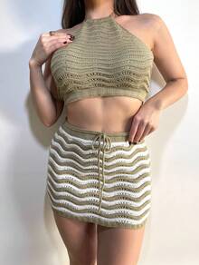 TRICOT PREMIUM Crochet Top Skirt Set Beach Casual Knitwear Beachwear Beach Vacation - 卡其色 - 查看 3