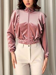 Chaqueta de satén de mujer con lentejuelas, volantes y abertura frontal: estilo elegante y moderno para otoño e invierno. - Rosa - Ver 1