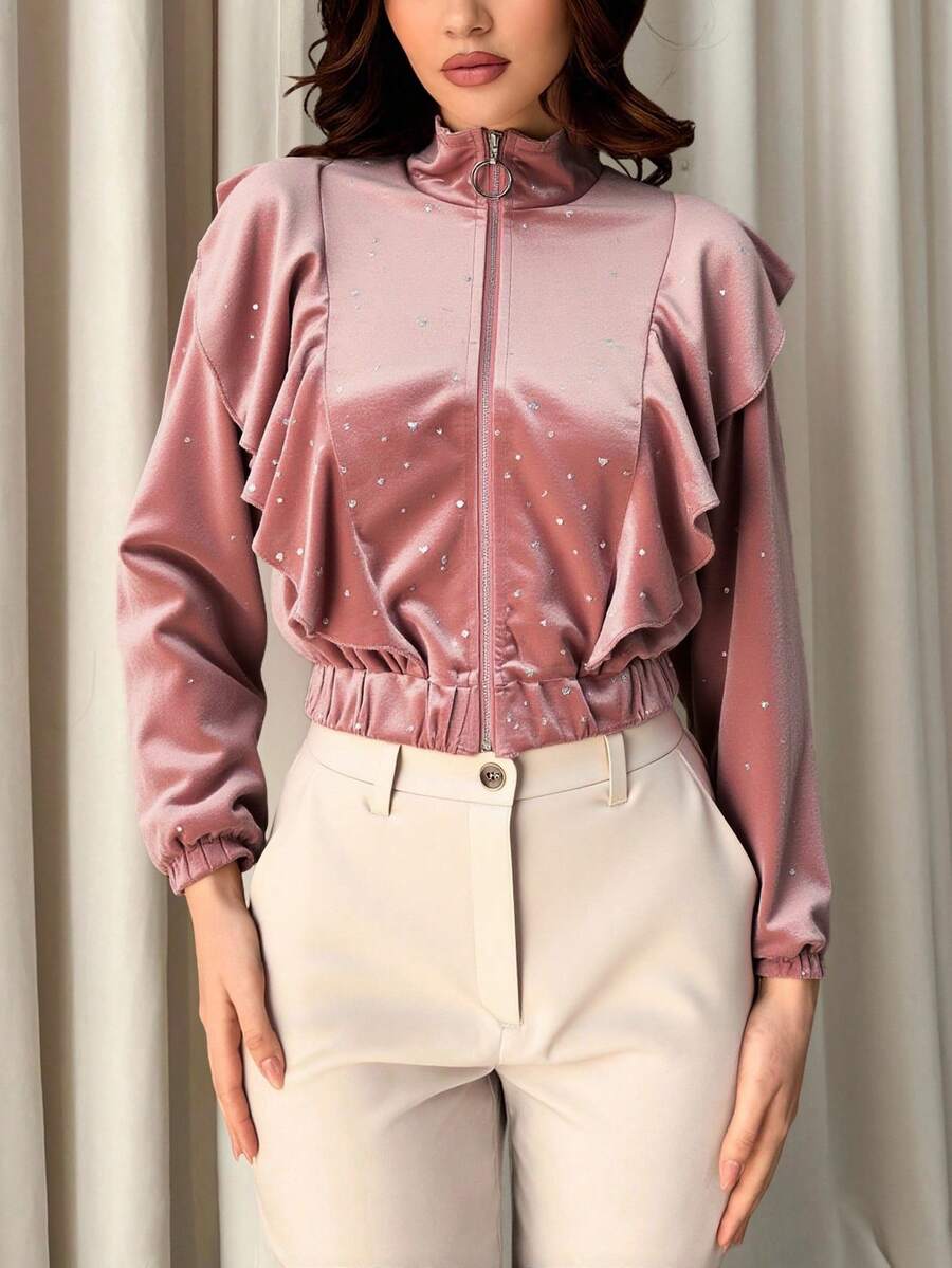 Chaqueta de satén de mujer con lentejuelas, volantes y abertura frontal: estilo elegante y moderno para otoño e invierno. - Rosa - Ver 1