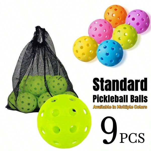 9pcs 74mm 40-Hole Pickleball Balls With Storage Mesh Bag, High Resilient And Durable Airflow Hollow Ball - Precise Machine-Drilled Holes, Seamless One-Piece Design, High-Visibility Colors, Sports Equipment Suitable For All Rackets And Courts (4 Colors To Choose From)