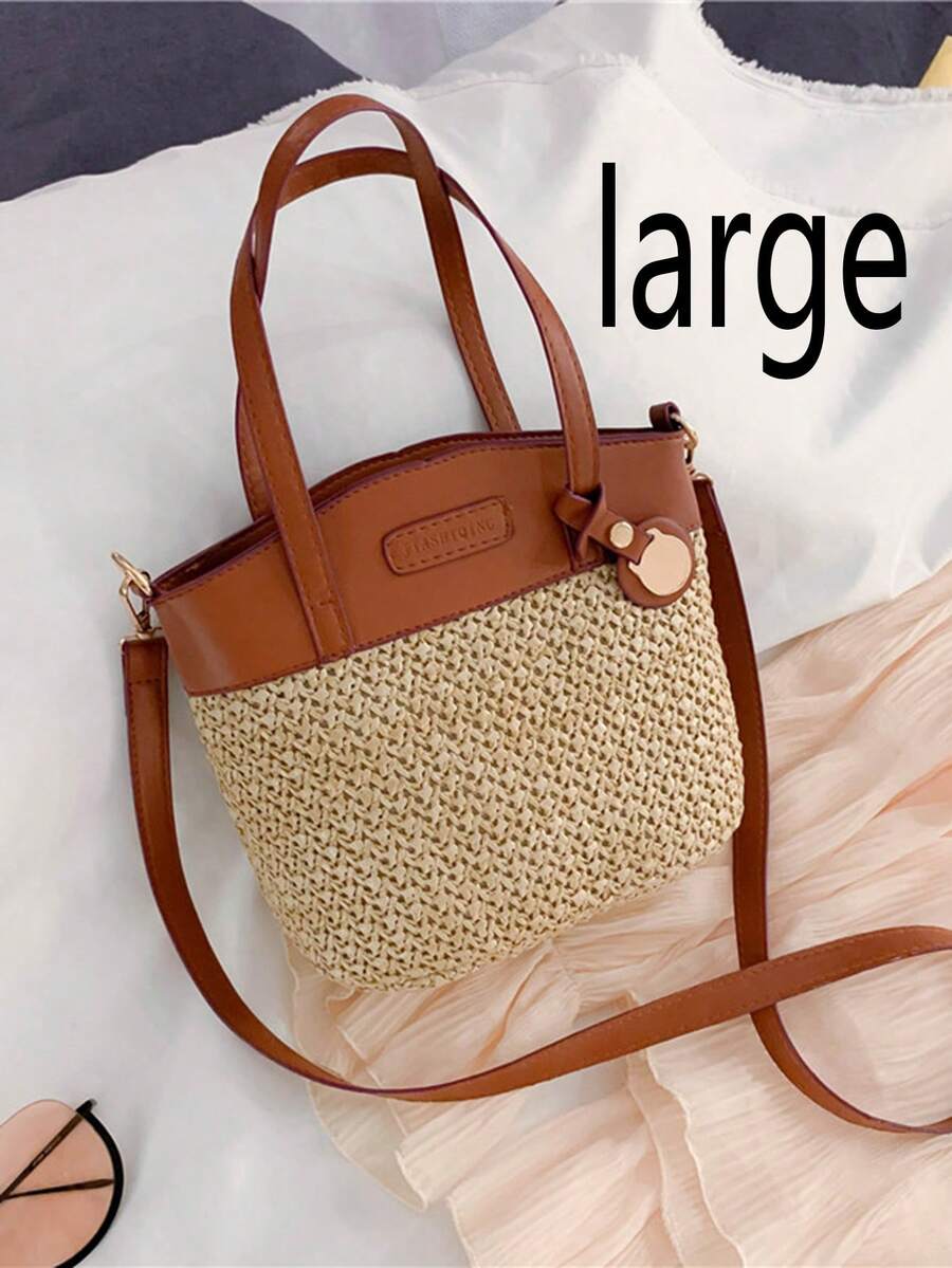 Fashionable Casual Versatile Color Block Woven Tote Bag