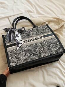 2025新款时尚热销手提包，便携购物袋，小众设计，奢华高品质，附赠海外蝴蝶结丝巾，大容量，适合日常休闲、通勤、上学、旅行、派对、宴会等场合（含丝巾） - 黑色 - 查看 8