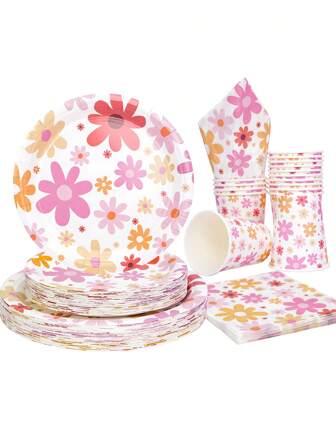 10 件套 Groovy 雏菊派对盘子杯子餐巾餐具套装雏菊派对用品复古嬉皮波西米亚风 Groovy 花雏菊波西米亚风纸杯晚餐餐具套装装饰品适合生日宝贝淋浴婚礼嬉皮雏菊派对