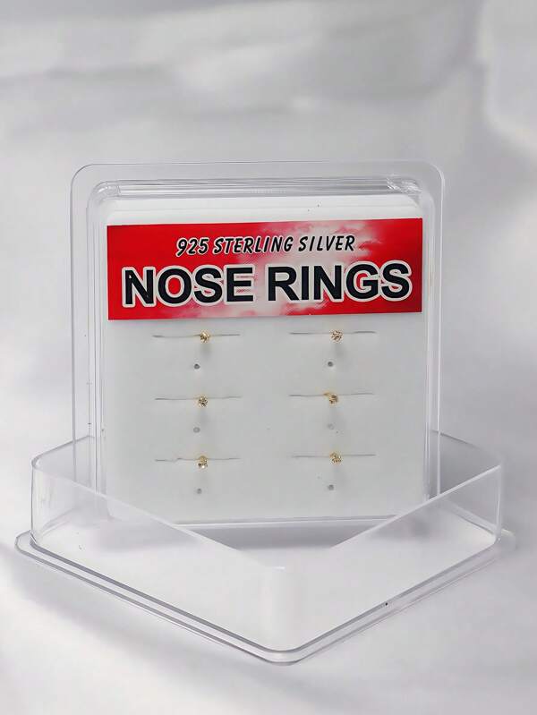6pcs 925 Sterling Silve Nose Rings Studs L Shaped Nose Piercing 1.5mm Clear Crystal For Women Men 24G