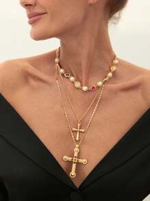 Conjunto de 3 piezas de collar de cuentas de rosario de circonita retro de moda con cruz de brillantes, adecuado para hombres y mujeres, regalo exquisito