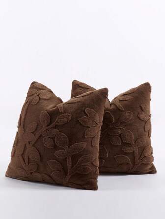 1pc Rabbit Fur Leaf Decor Embossed Throw Pillow Cover, Flannel Reverse, Square Cushion Case, Holiday Home Decoration, Soft Velvet Material, Modern Decor For Sofa, Bedroom,Fall Decor,Autumn Decor,Room Decor