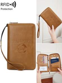 MIYIN RFID Blocking Passport Cover Card Holder With Card Slot ID Window,Solid Color PU Letter&Airplane Pattern Portable Passport Clip Ticket Clip Bank Card Bag Versatile Zippered Mobile Phone Travel Passport Wallet For Men And Women, With Wrist Strap,For Travel Flight Go Abroad For Business,Passport Holder Passport Case Passport Bag Travel Accessories Travel Essentials Back To School Stuff - Multicolor - View 19