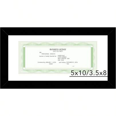 Black 5x10 Business License Frame With Mat For 3.5x8 Standard Business License Or Without Mat ShatterResistant Glass For Wall Or Tabletop Display This Optimized Title Avoids Any Banned Terms While Clearly Conveying The Product's Features And Uses.