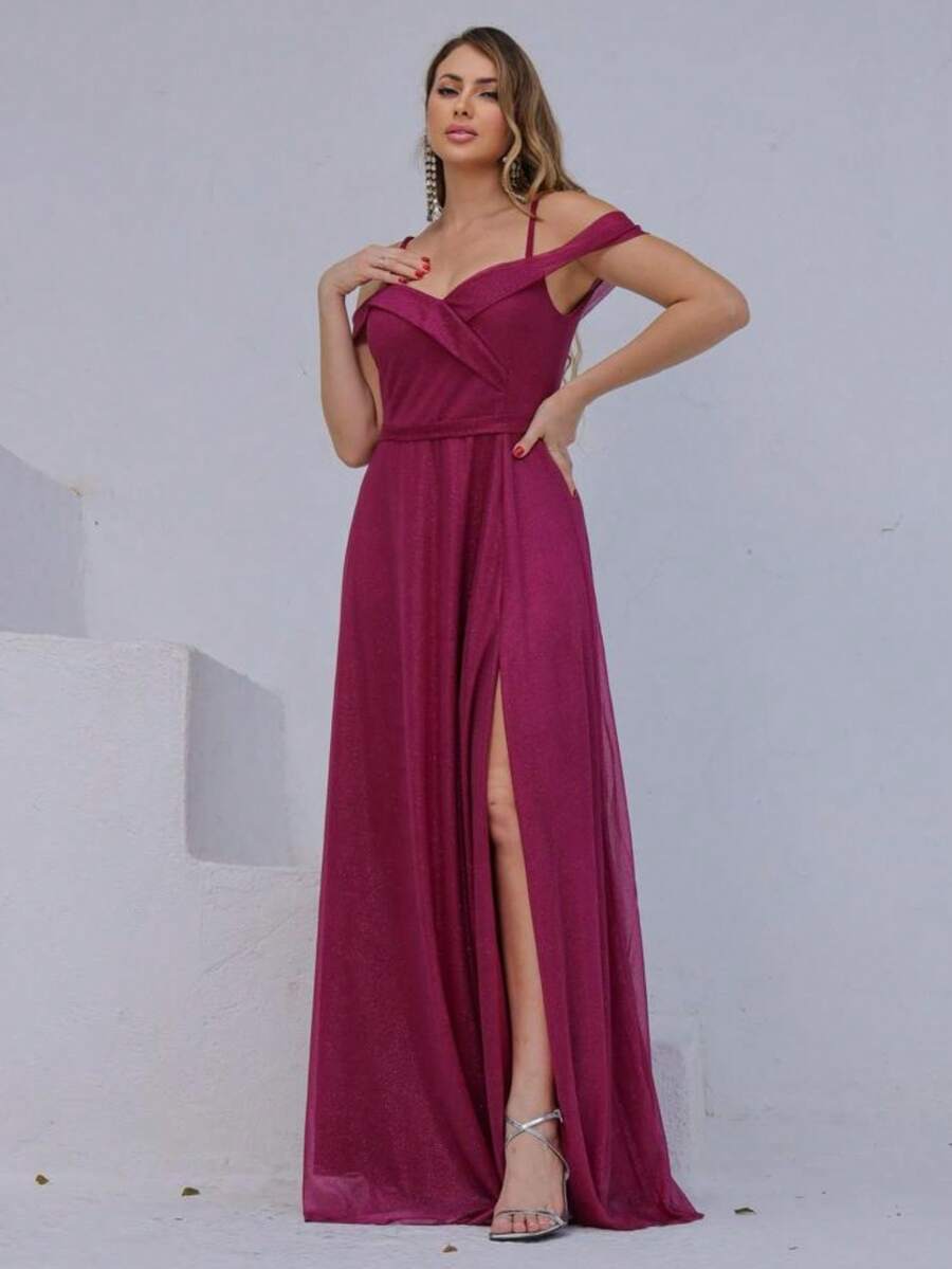 Long Off-The-Shoulder Party Dress With Sparkle For Bridesmaid, Wedding, Princess Graduation - 玫瑰紅 - 查看 1